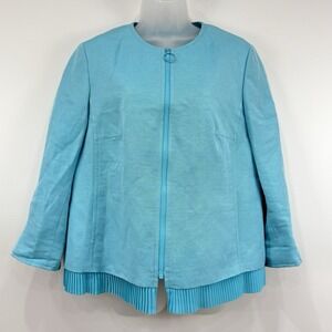 Akris Punto Blazer Women 12 Turquoise Linen Blend Full Zip Lagenlook Flutter Hem